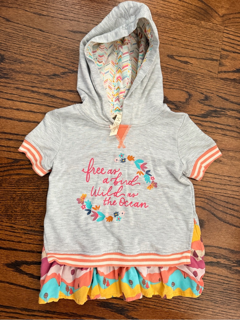 Matilda Jane Gray Hooded Short-Sleeve Top with Coral, Teal & Yellow Ruffle